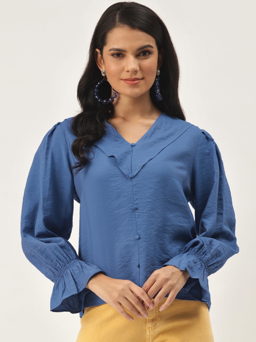 

Trendyol Women Blue Solid Puff Sleeves Top