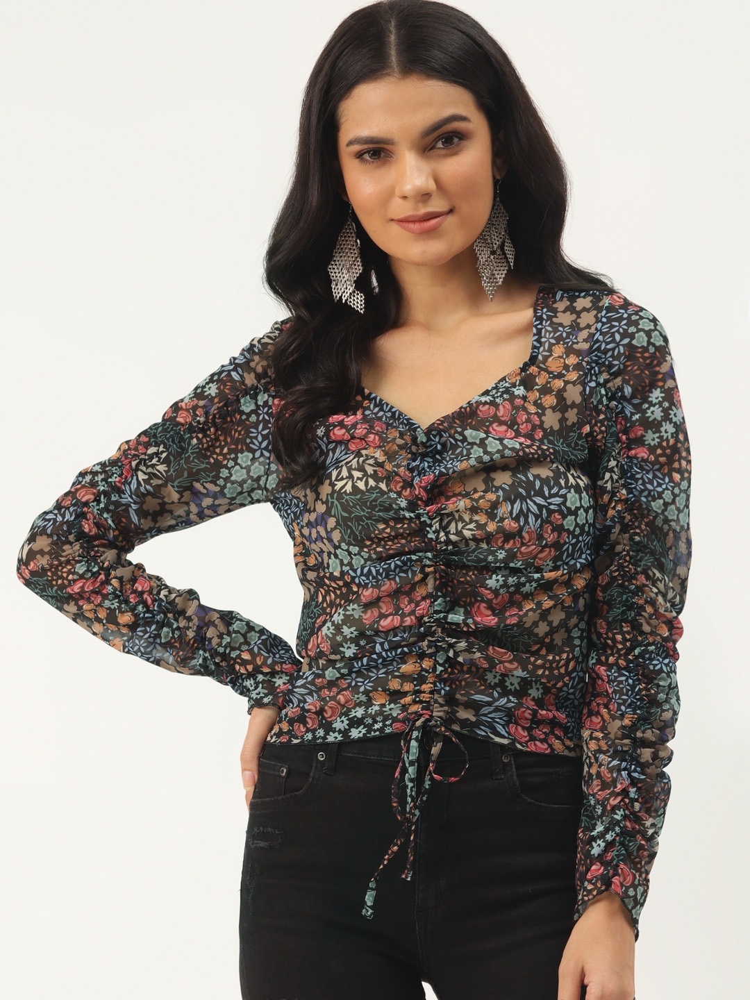 

Trendyol Women Black Green Floral Printed Top With Tie-Ups