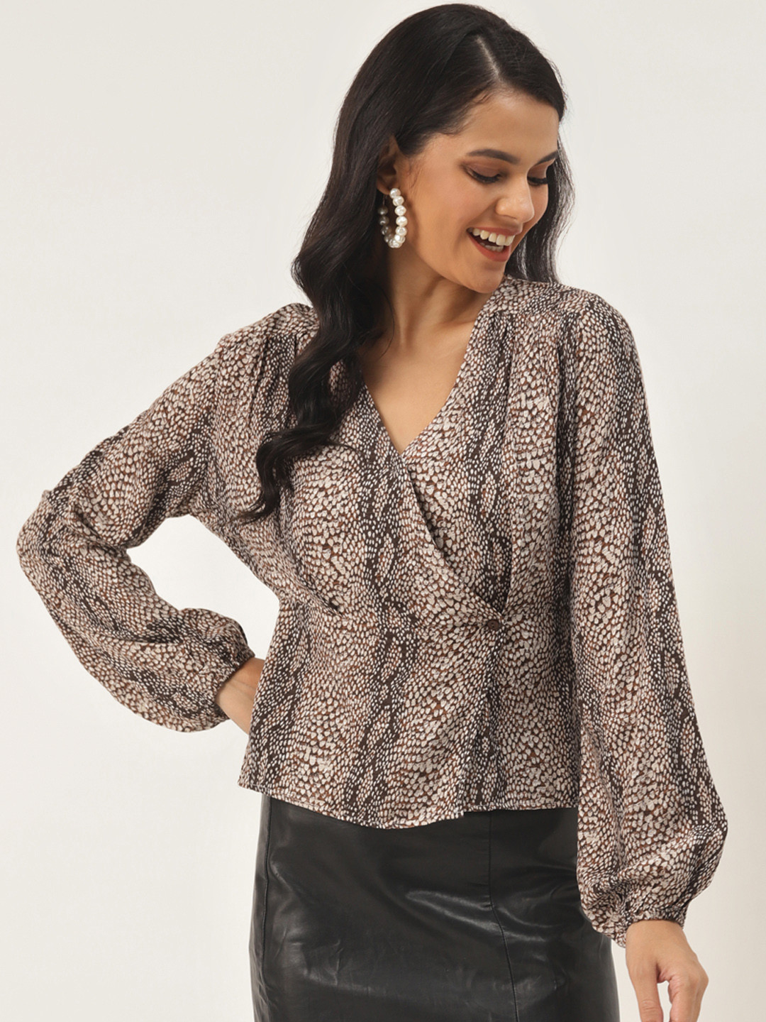 

Trendyol Women Brown Off-White Animal Printed Wrap Top