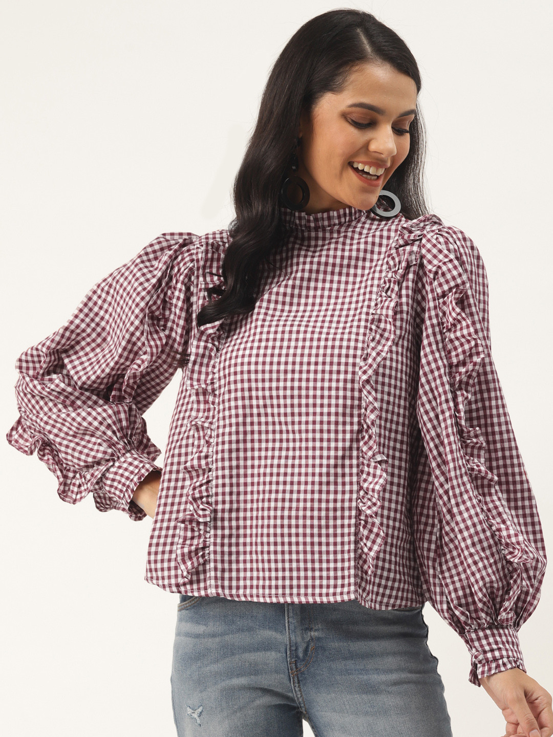

Trendyol Women Maroon White Pure Cotton Checked Ruffled Top