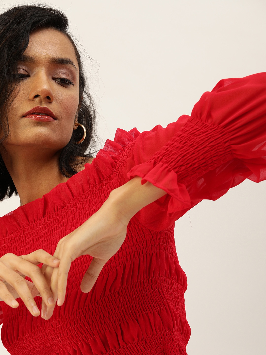 

Trendyol Women Red Off-shoulder Bishop Sleeves Smocked Bardot Crop Top