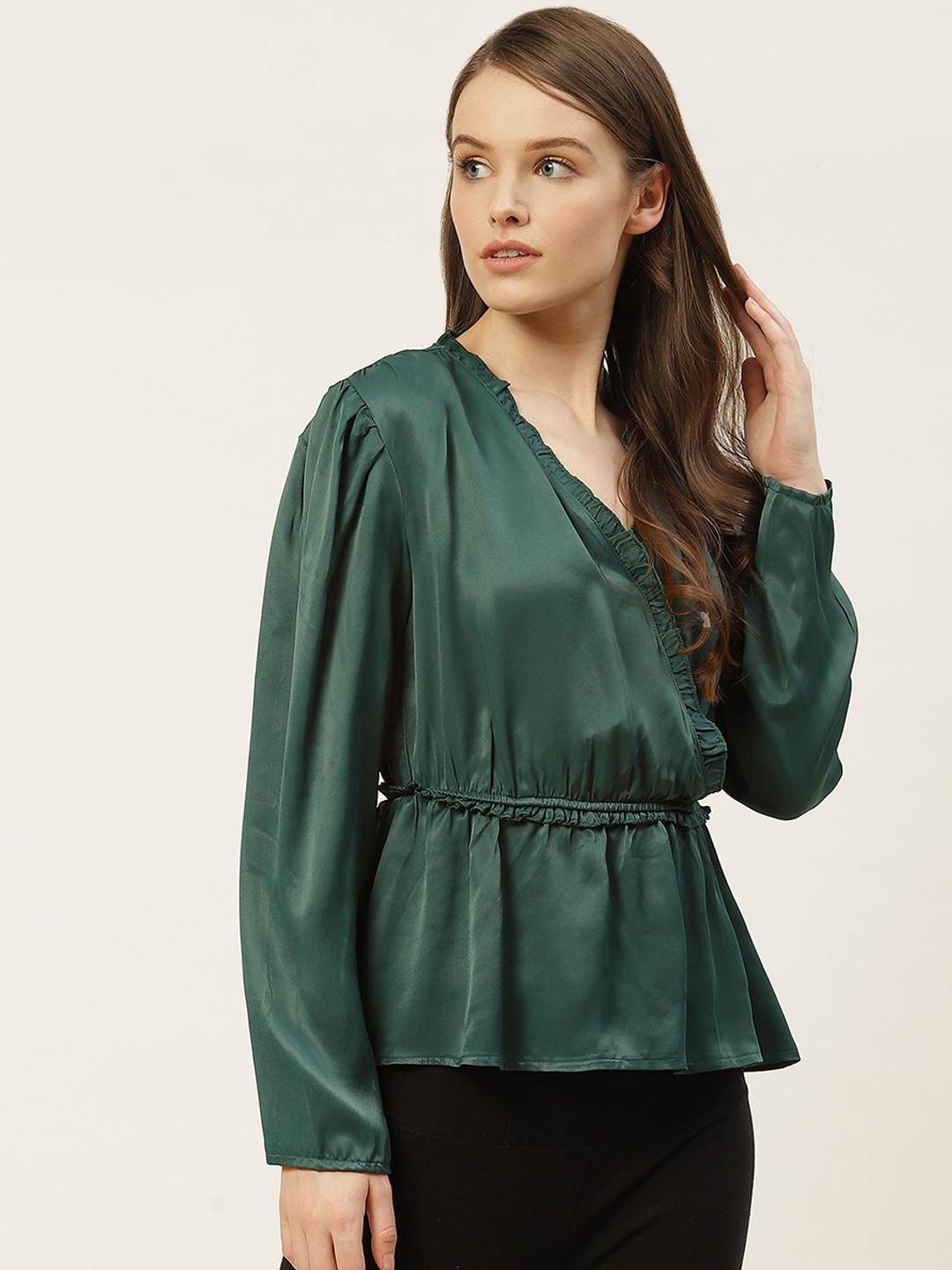 

Trendyol Women Green Solid Satin Finish Wrap Top