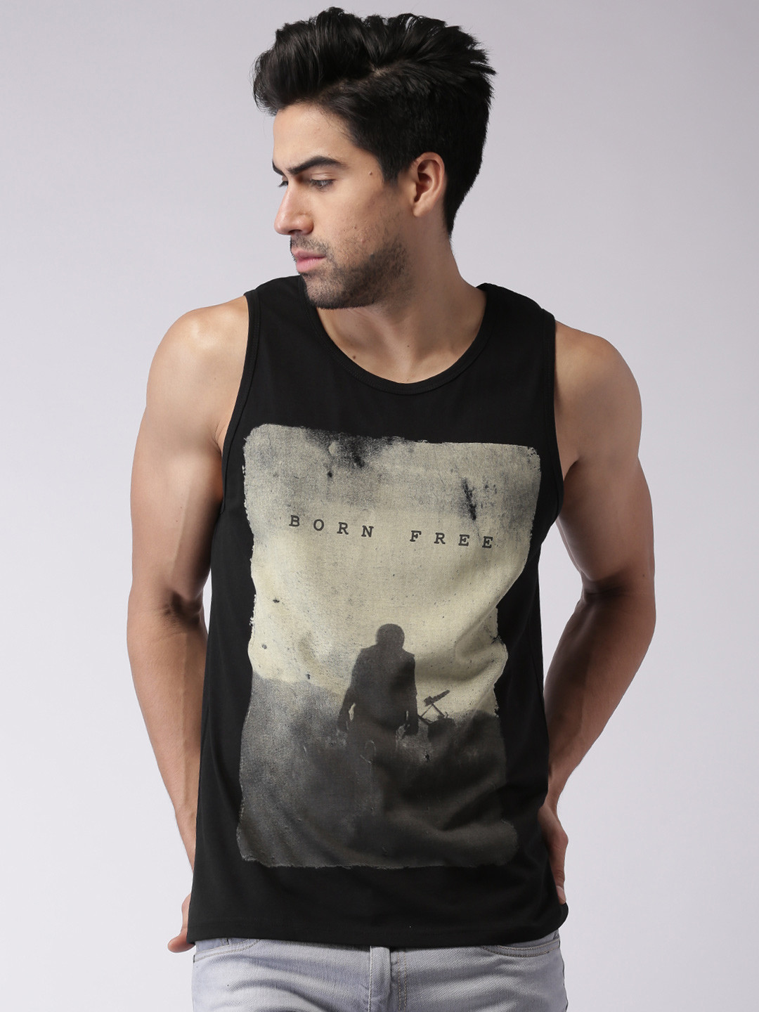 

Moda Rapido Black Printed Sleeveless Slim Fit Pure Cotton T-shirt