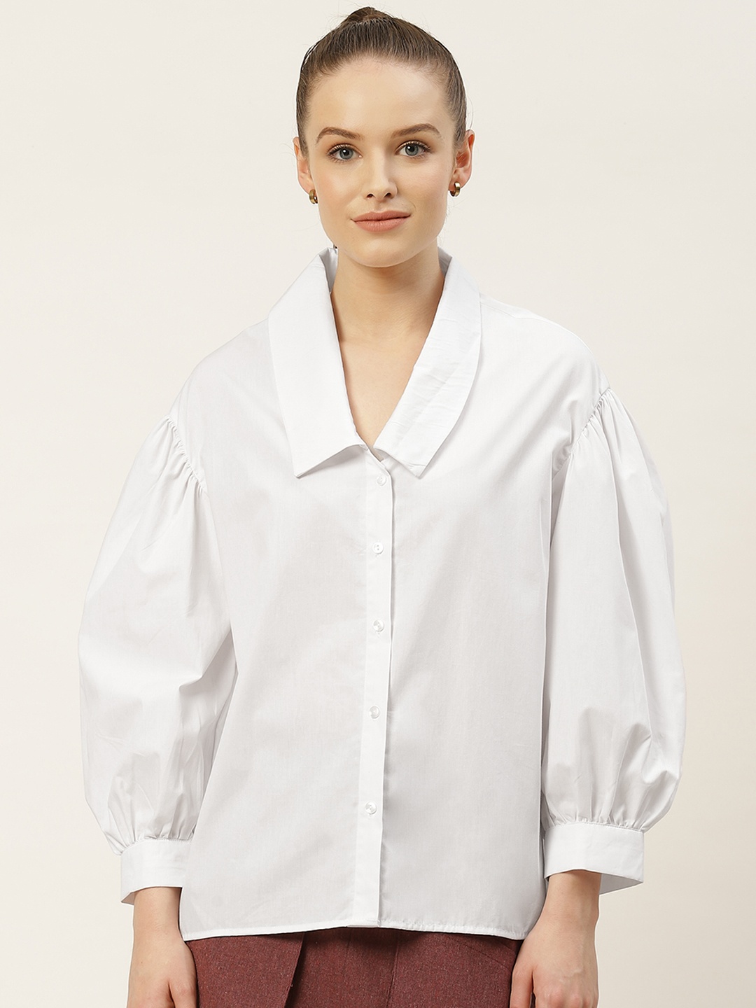 

Trendyol Women White Cotton Regular Fit Solid Drop Bishop Sleeves Casual Shirt