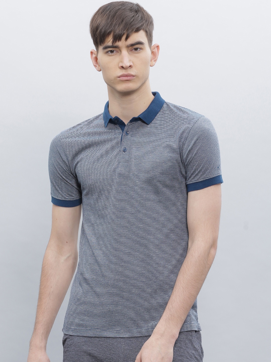 

ETHER Navy & Grey Striped Polo T-shirt, Navy blue