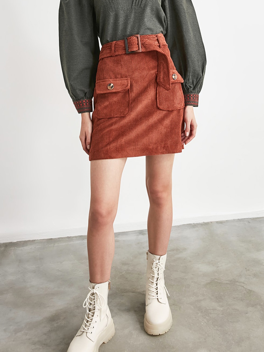 

Trendyol Women Rust Orange Pure Cotton Solid Corduroy A-Line Skirt
