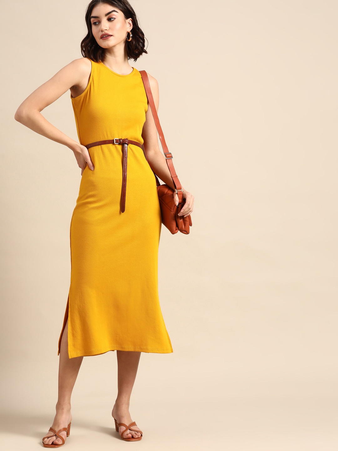

all about you Mustard Yellow Bodycon Midi Dress