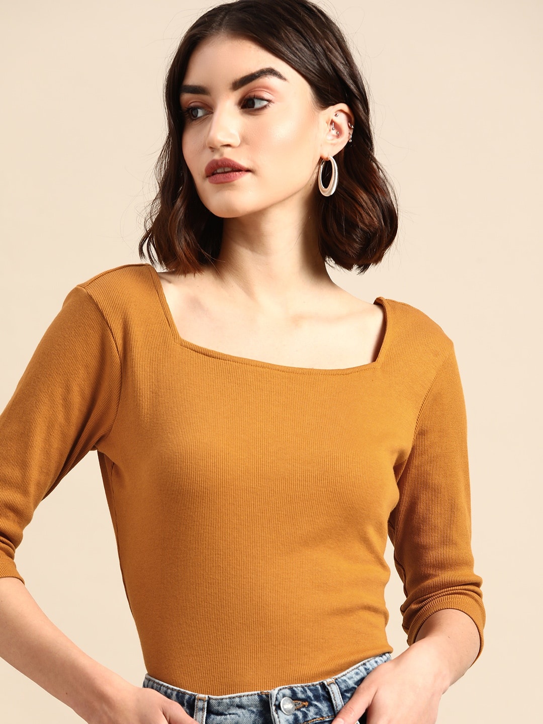 

all about you Women Mustard Yellow Solid Square Neck Top