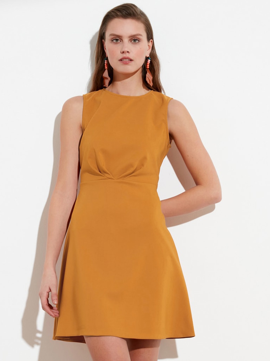 

Trendyol Women Mustard Yellow Solid A-Line Dress with Gathers