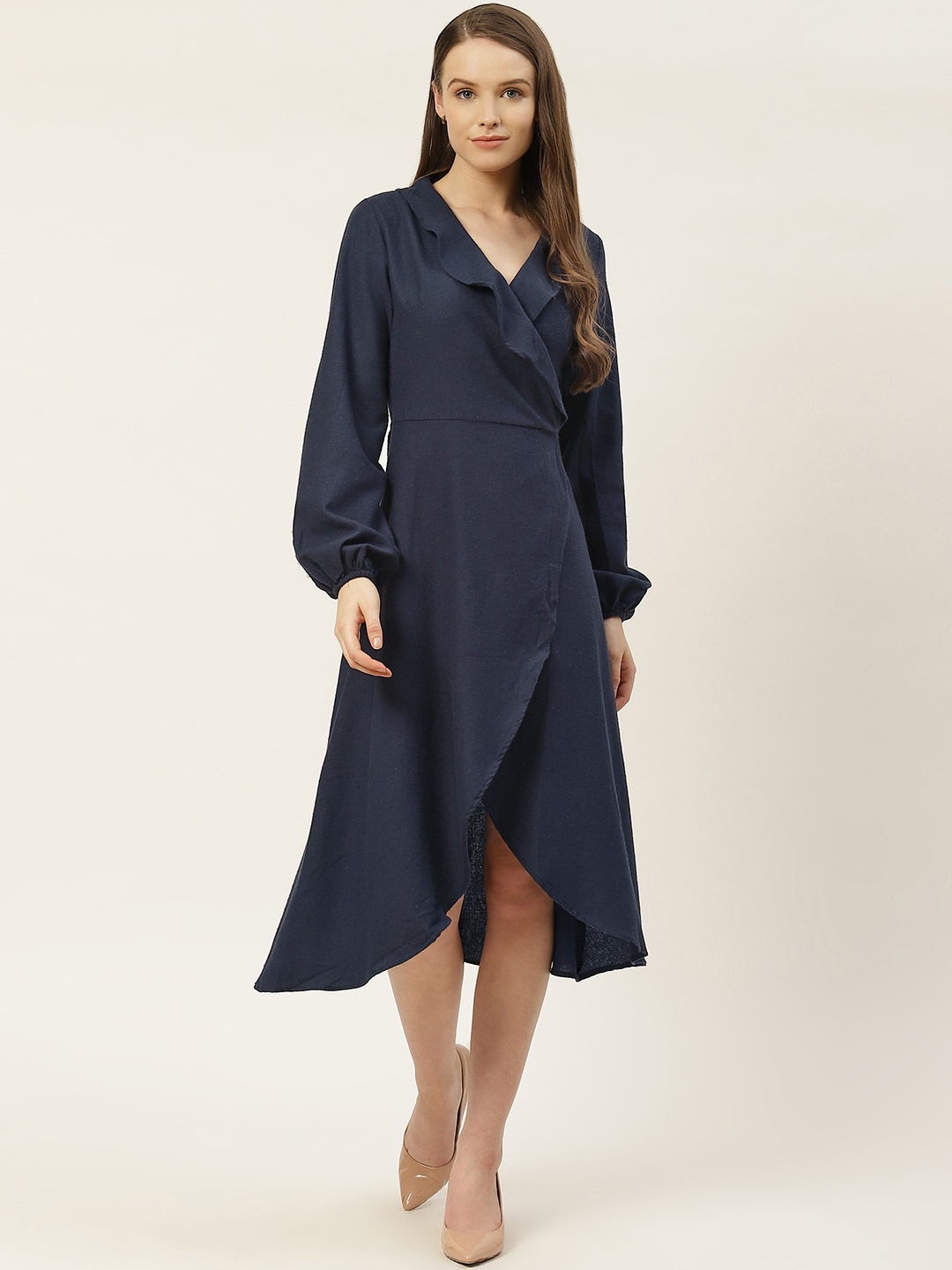 

Trendyol Women Navy Blue Solid Puff Sleeves Midi Wrap Dress