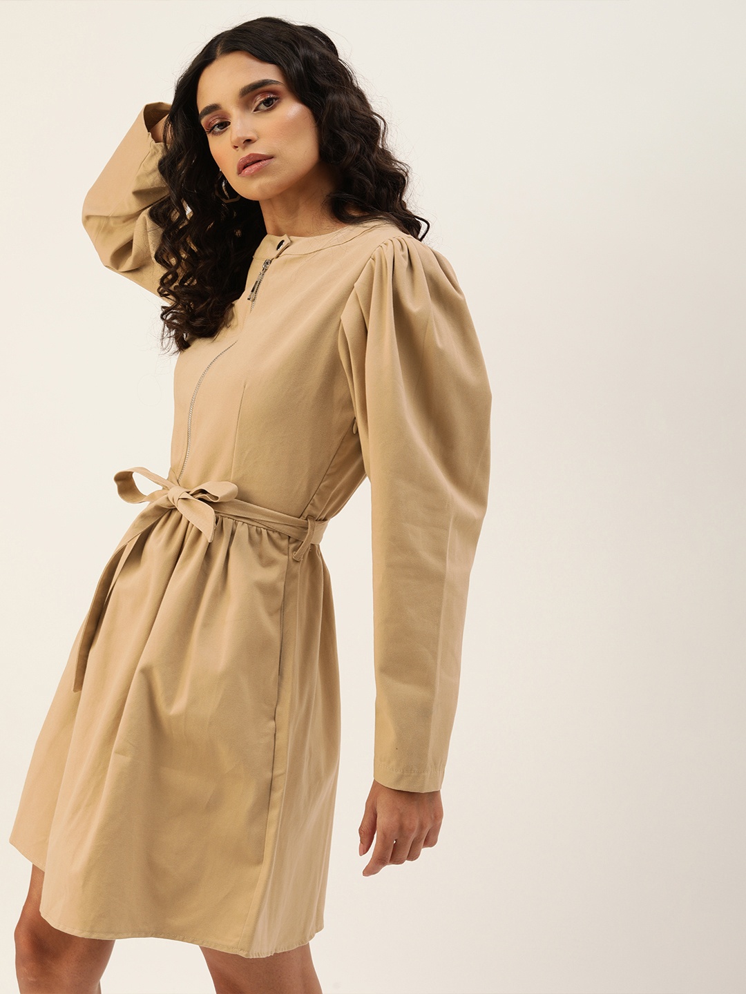 

Trendyol Women Beige Solid Fit and Flare Dress with Gathers