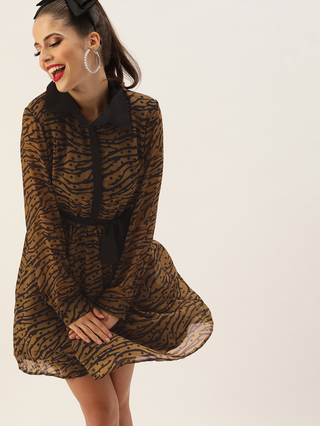 

Trendyol Women Brown Black Animal Printed Shirt Dress
