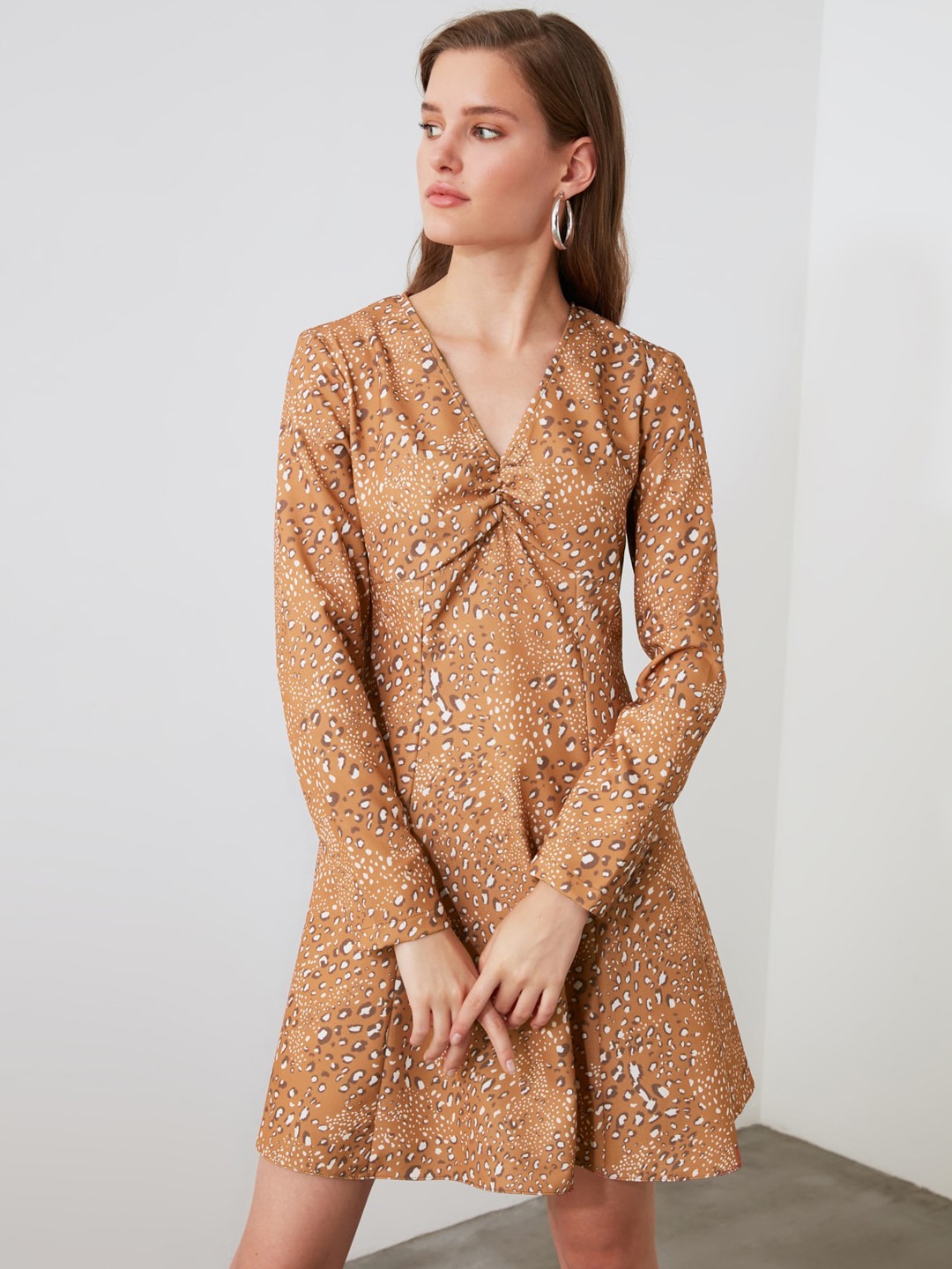 

Trendyol Women Brown White Animal Printed A-Line Dress