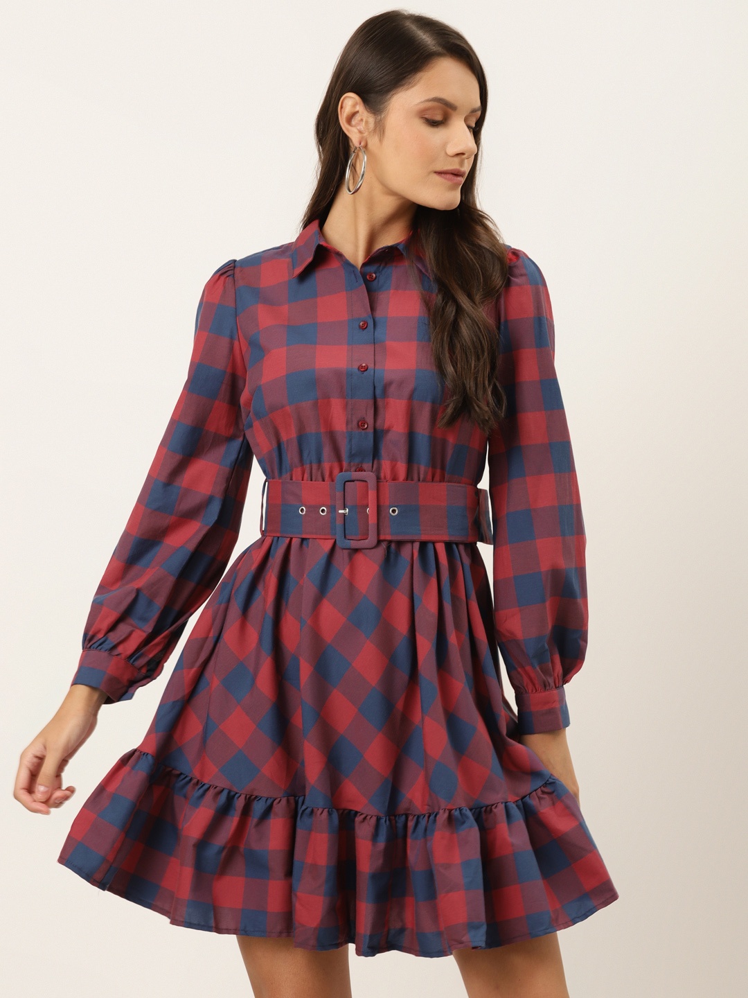 

Trendyol Women Red Navy Blue Checked A-Line Dress