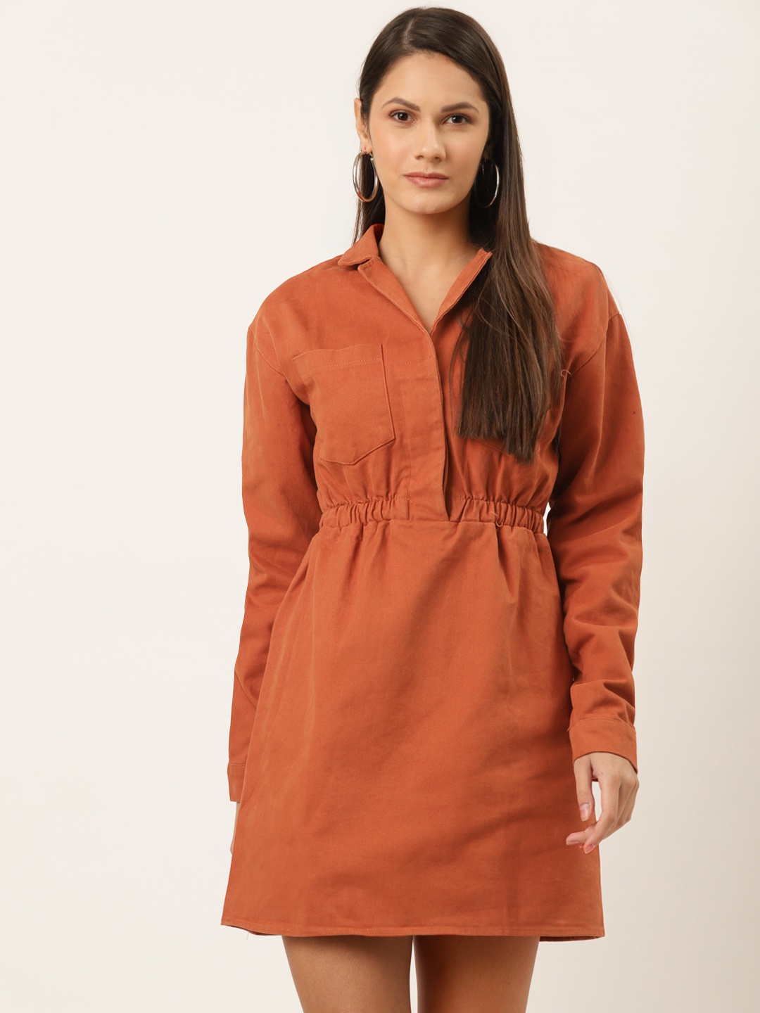 

Trendyol Women Rust Orange Pure Cotton Solid Shirt Dress