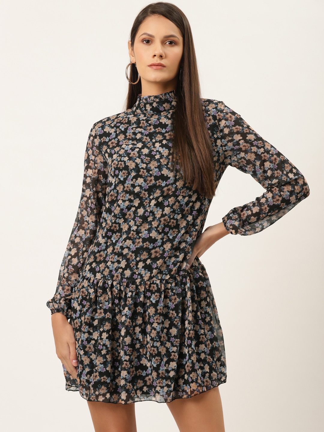 

Trendyol Women Black Taupe Floral Printed A-Line Dress