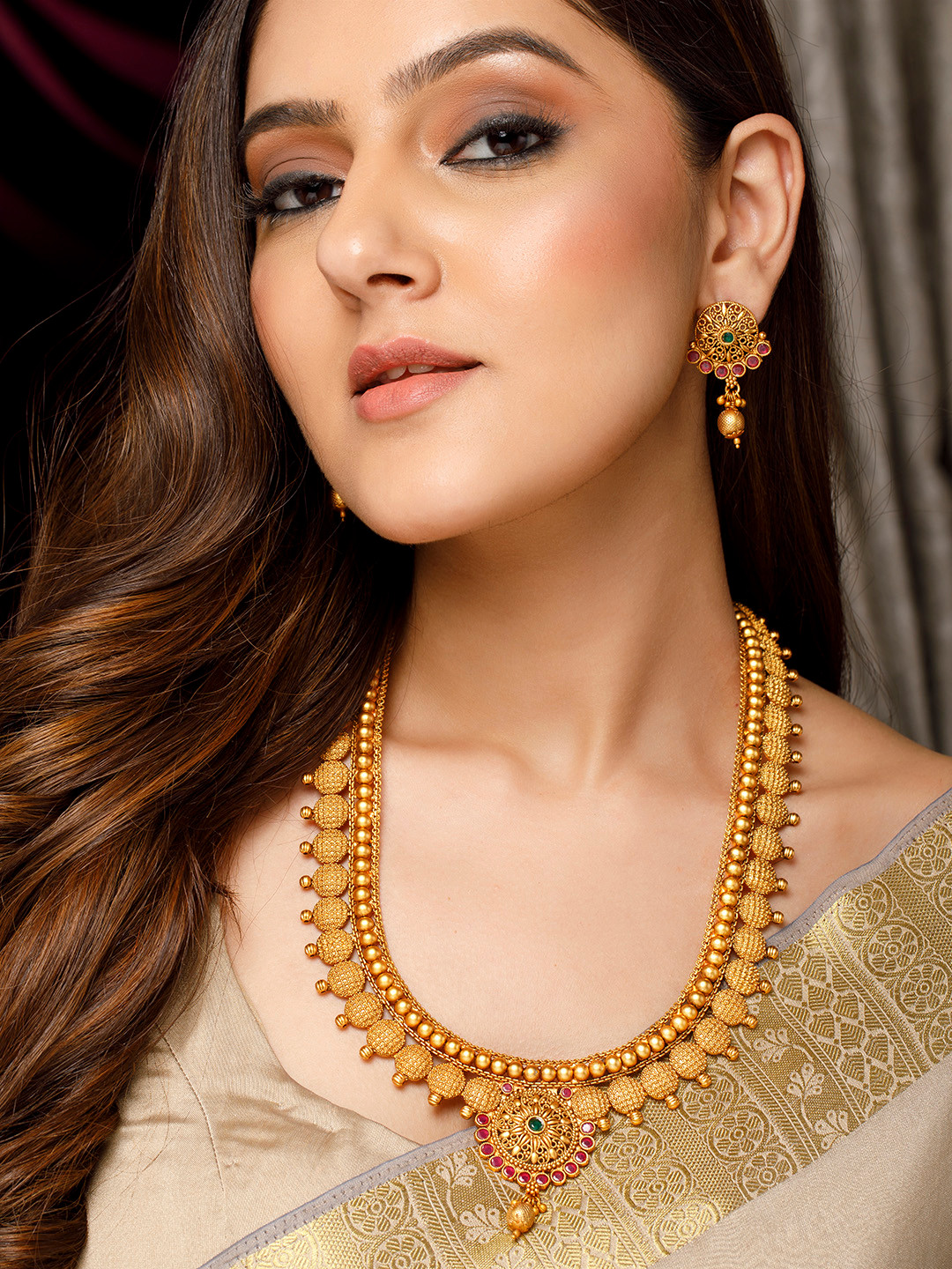 

Rubans 24K Gold-Plated Green & Red Ruby Stone-Studded Handcrafted Jewellery Set