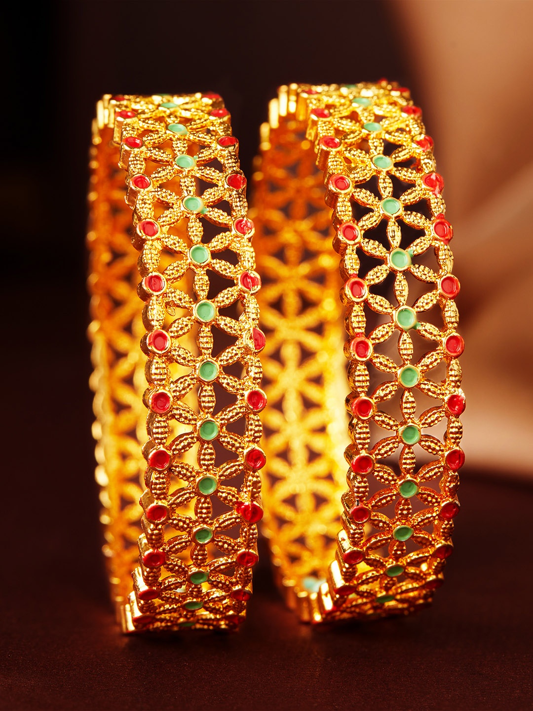 

Rubans Set Of 2 24K Gold-Plated Red & Green Enamelled Handcrafted Bangles