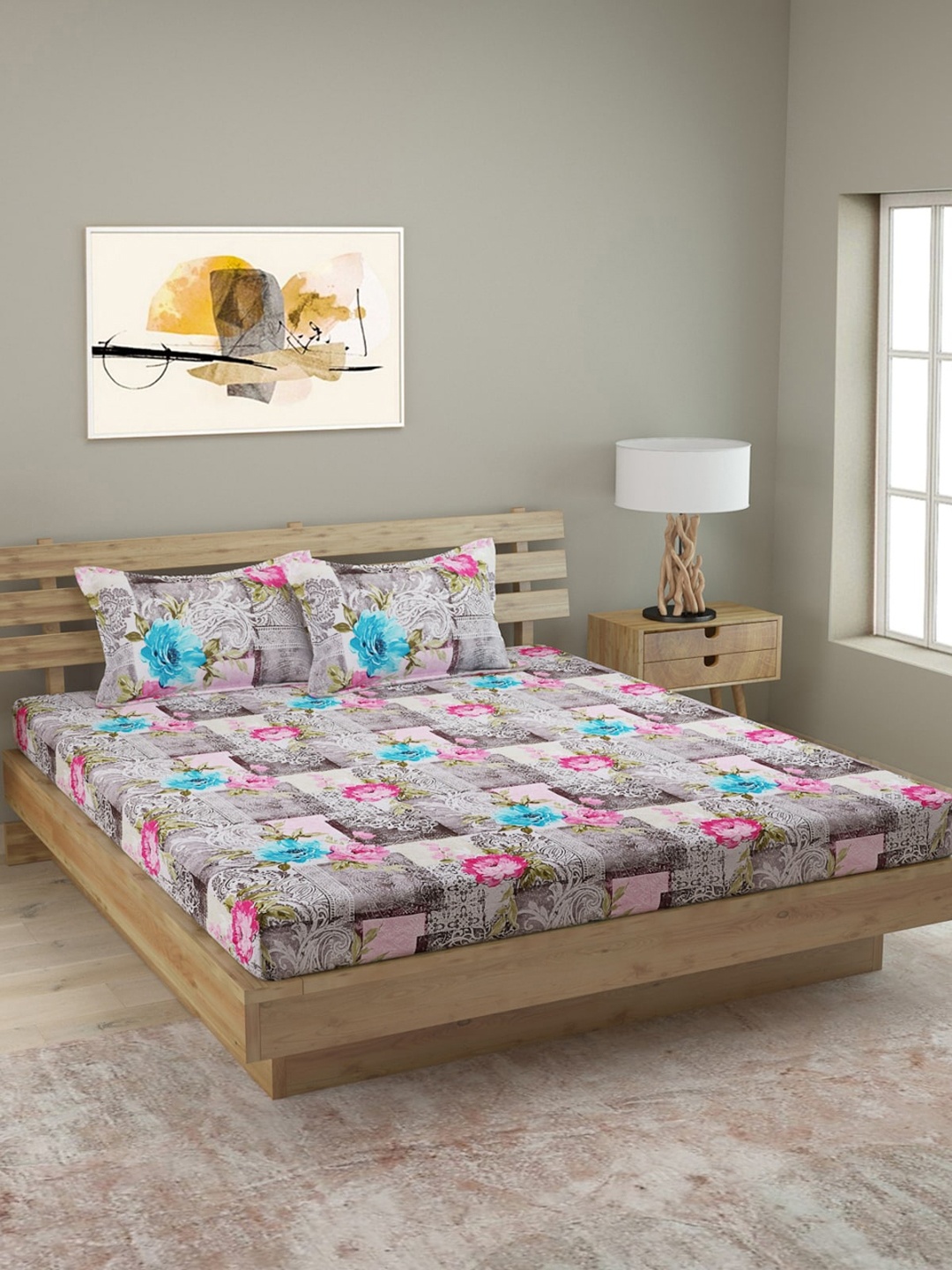 

ROMEE Grey & Pink Ethnic Motifs 250 TC Cotton 1 King Bedsheet with 2 Pillow Covers