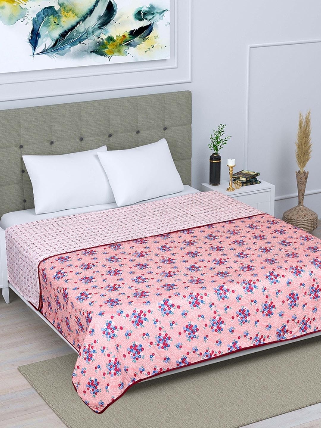 

ROMEE White & Pink Floral AC Room 300 GSM Reversible Double Bed Dohar