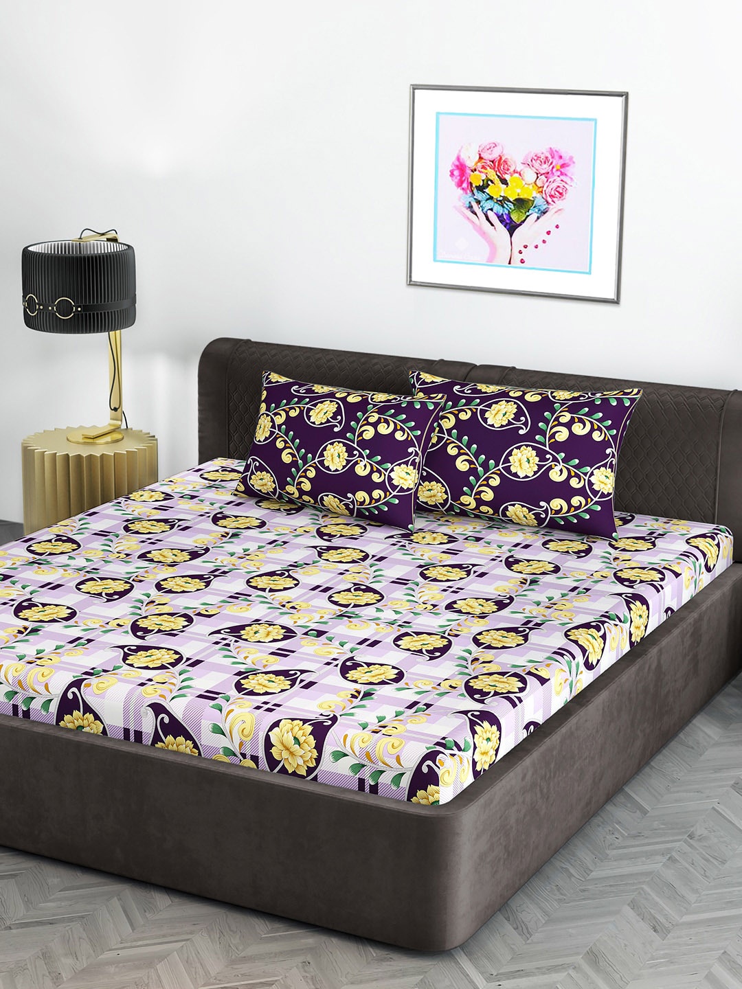 

Divine Casa Violet & Yellow 120 TC Blend Cotton 1 King Bedsheet with 2 Pillow Covers