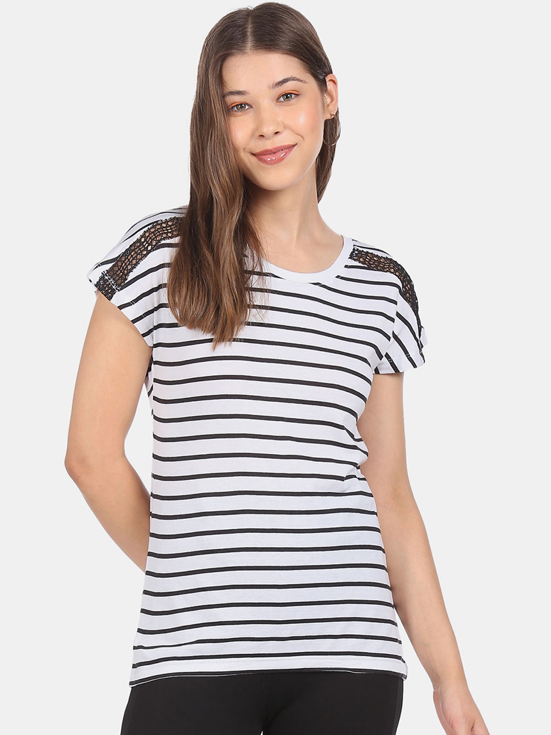 

Sugr Women White Round Neck Lace Panel Striped Top