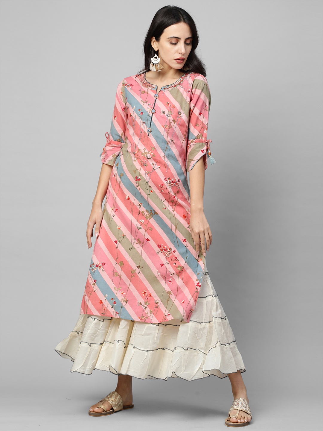 

FASHOR Women Multicoloured White Striped Kurta with Churidar, Multi