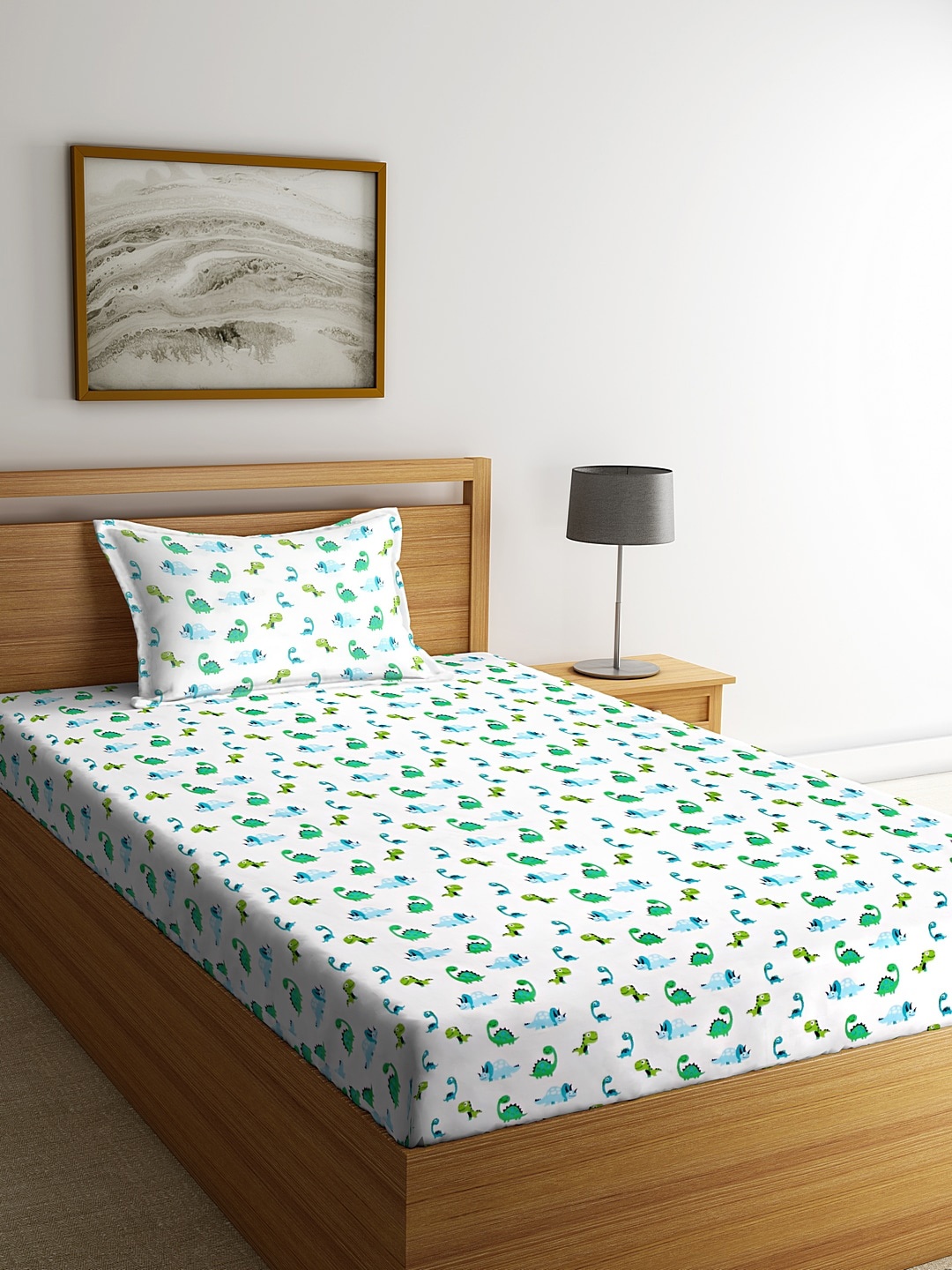 

BLANC9 White & Green Conversational 300 TC Cotton 1 King Bedsheet with 1 Pillow Covers