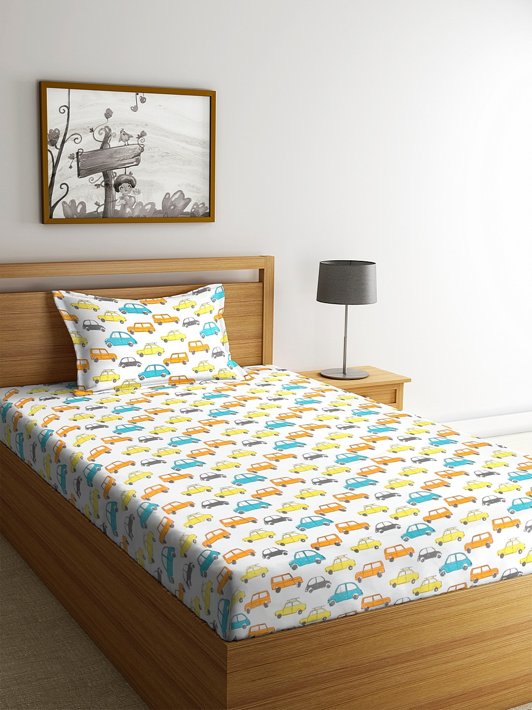 

BLANC9 Kids White & Yellow Car Print Single Bedsheet with 1 Pillow Cover