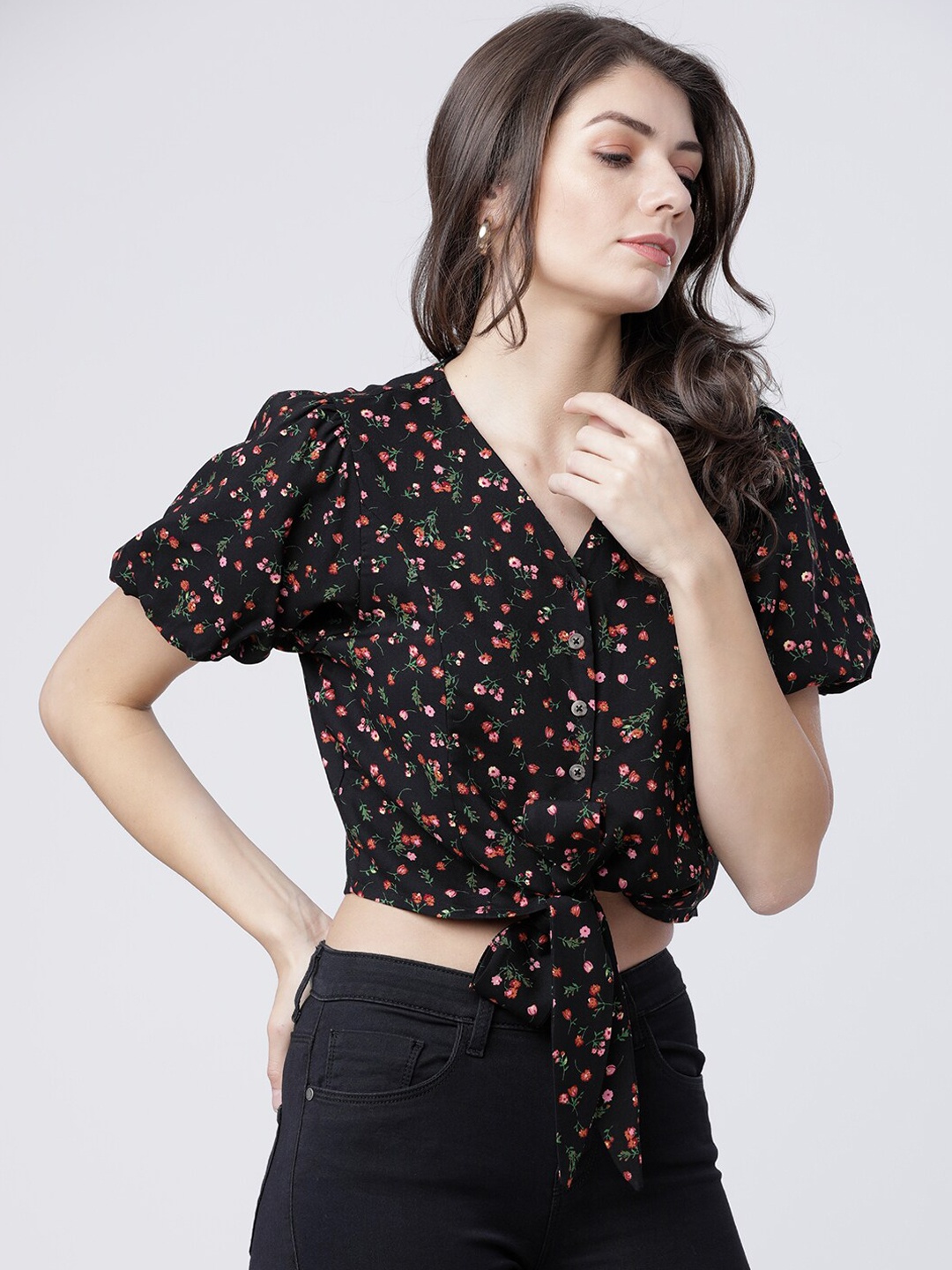 

Tokyo Talkies Black Floral Printed Tie Up Crop Shirt Style Top