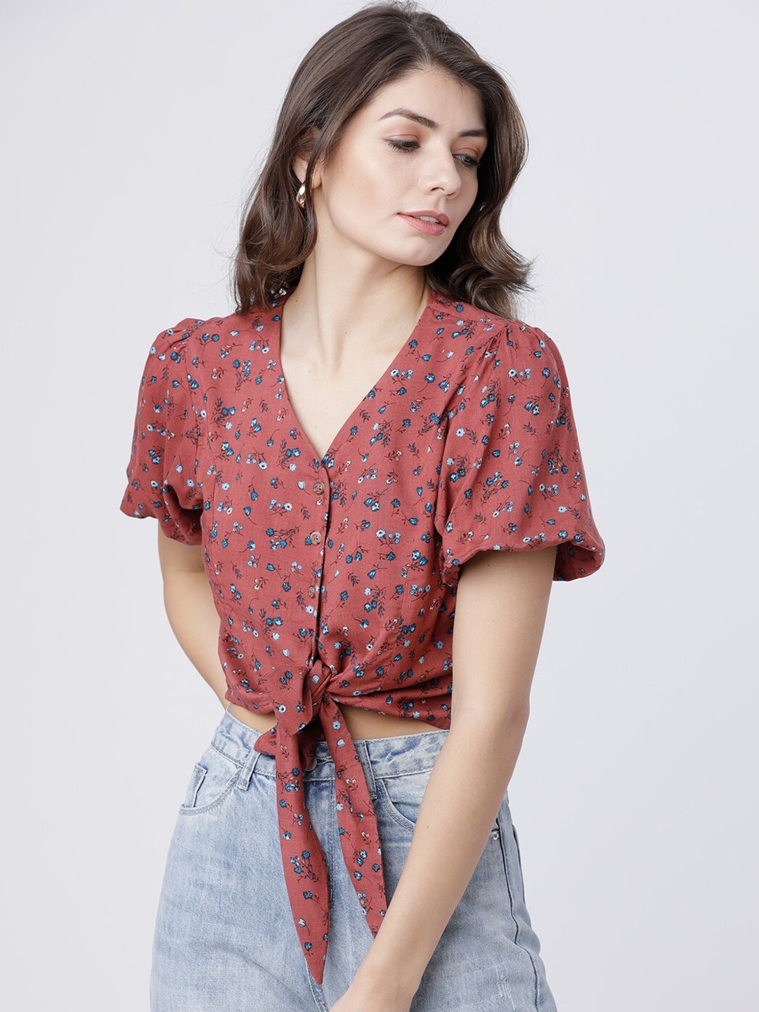 

Tokyo talkies Maroon Floral Printed Tie Up Crop Top