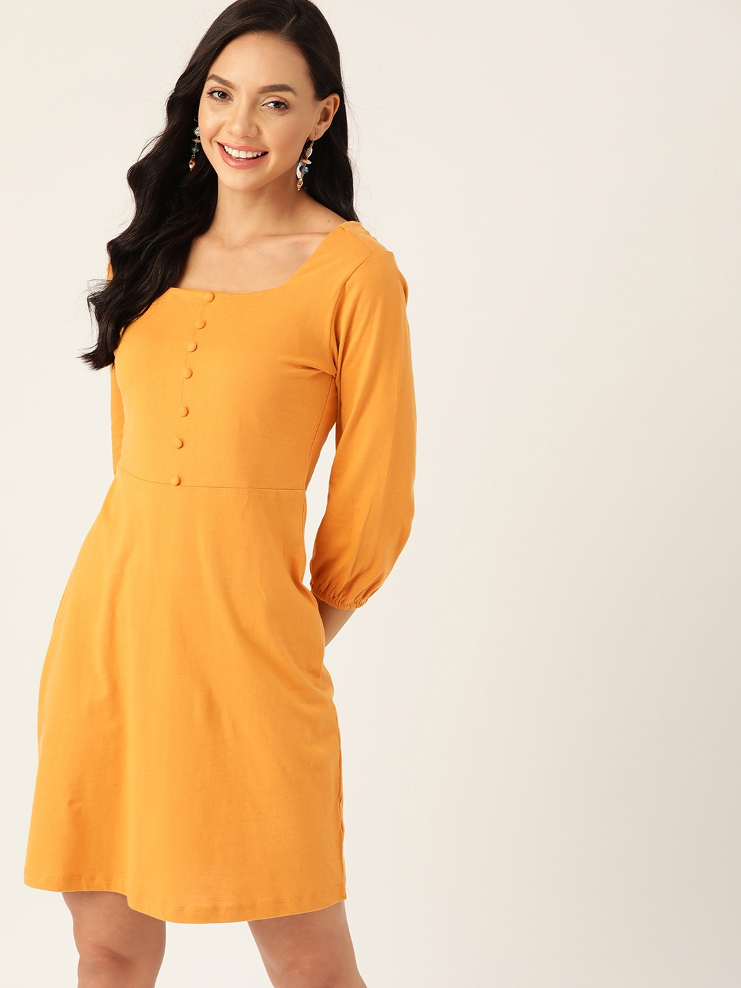 

DressBerry Mustard Yellow Cotton Solid A-Line Dress