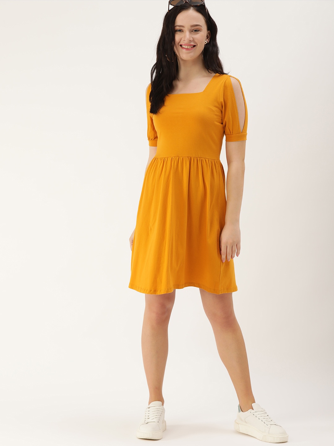 

DressBerry Women Mustard Yellow Solid Pure Cotton Slit Sleeves Fit & Flare Dress