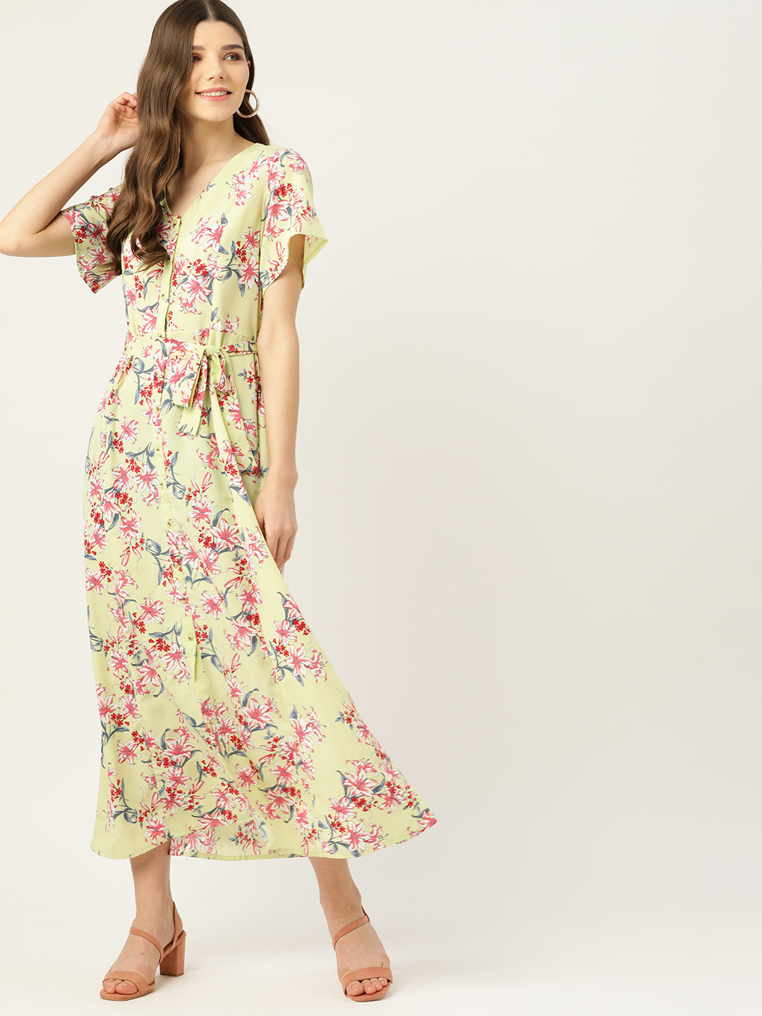 

DressBerry Women Lime Green & Red Floral Printed A-Line Dress