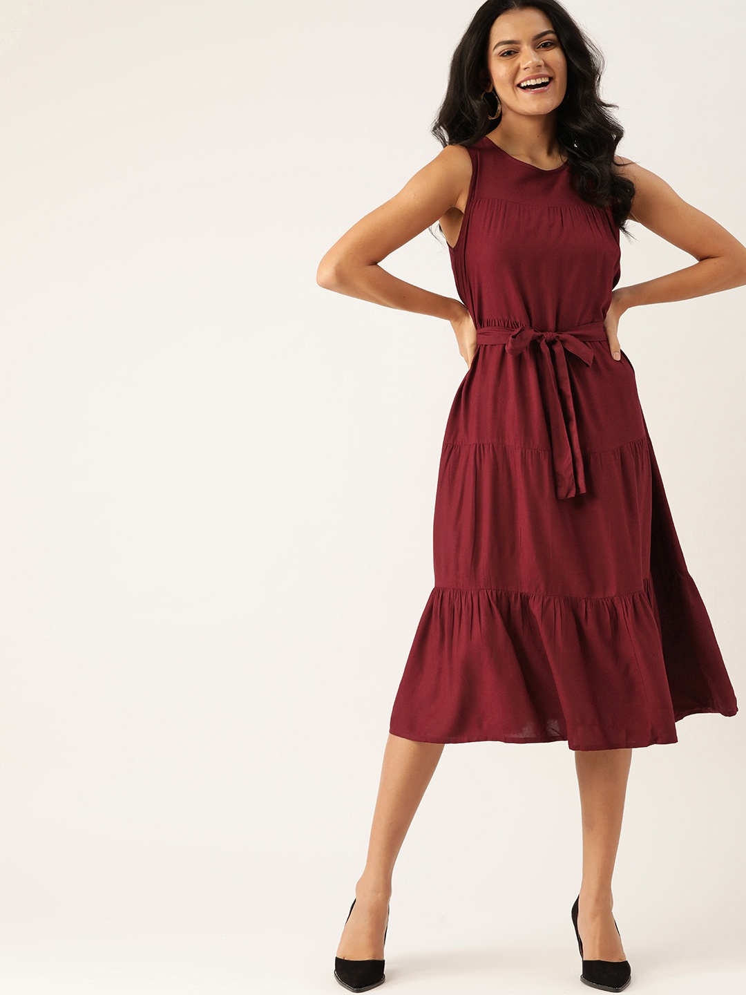 

DressBerry Maroon Solid Tiered A-Line Midi EcoVero Sustainable Dress