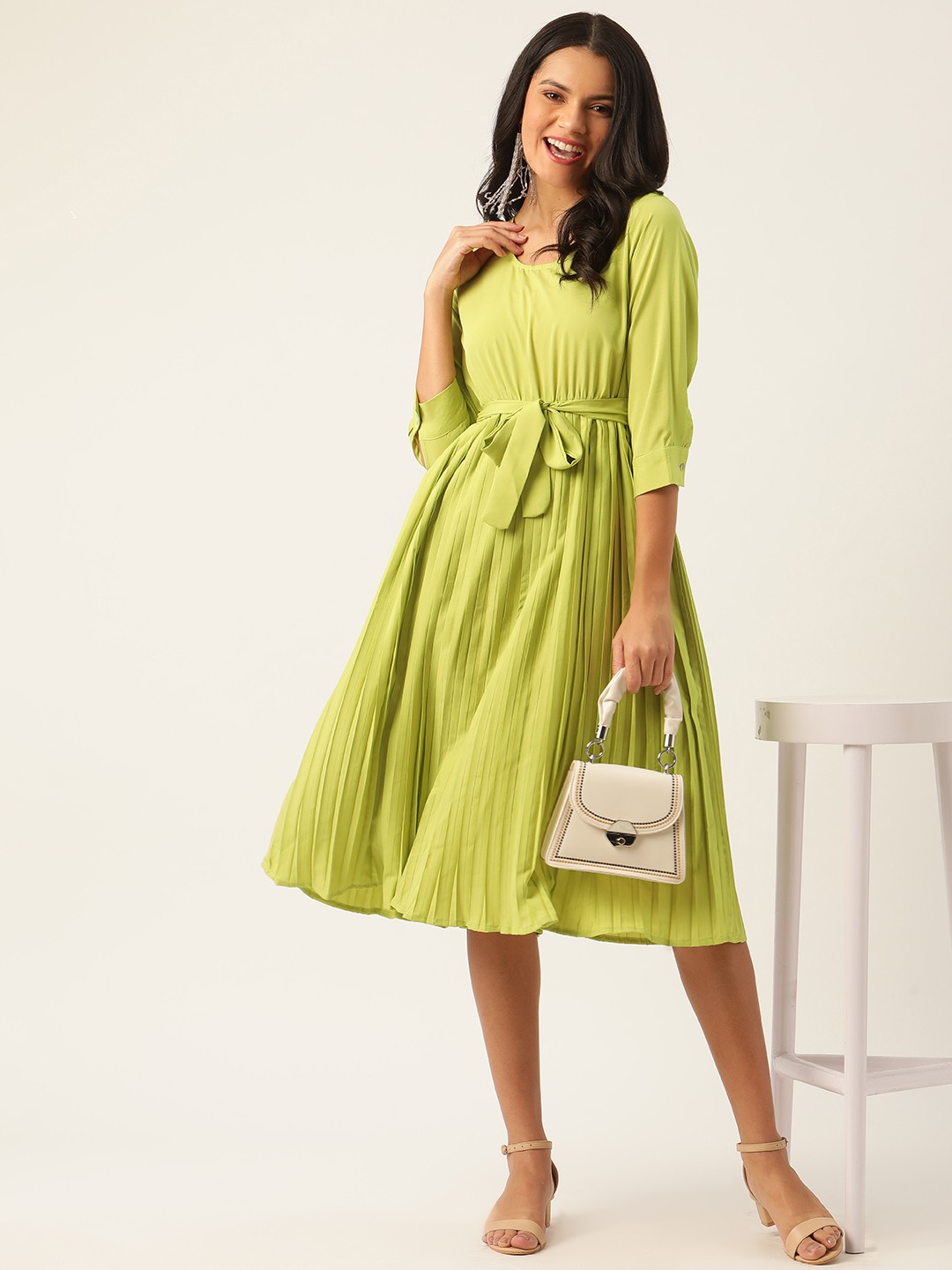 

DressBerry Women Lime Green Accordion Pleats Solid A-Line Dress