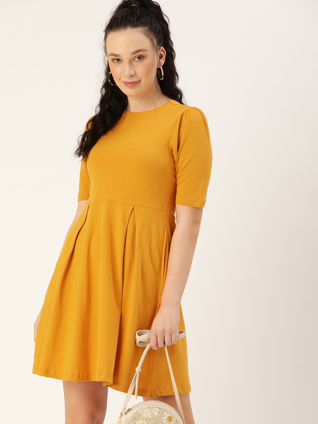

DressBerry Women Mustard Yellow Solid Pure Cotton Fit & Flare Dress