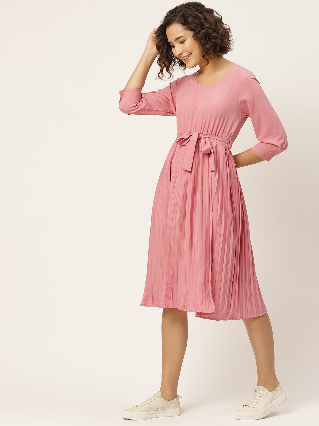 

DressBerry Women Pink Solid A-Line Midi Dress
