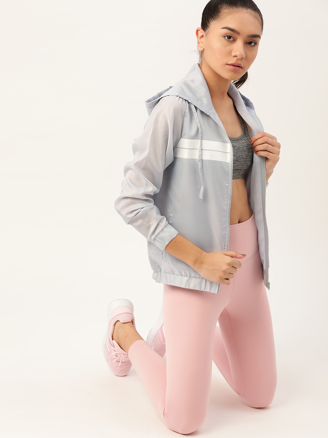 

DressBerry Women Grey & White Striped Hooded Bomber Jacket