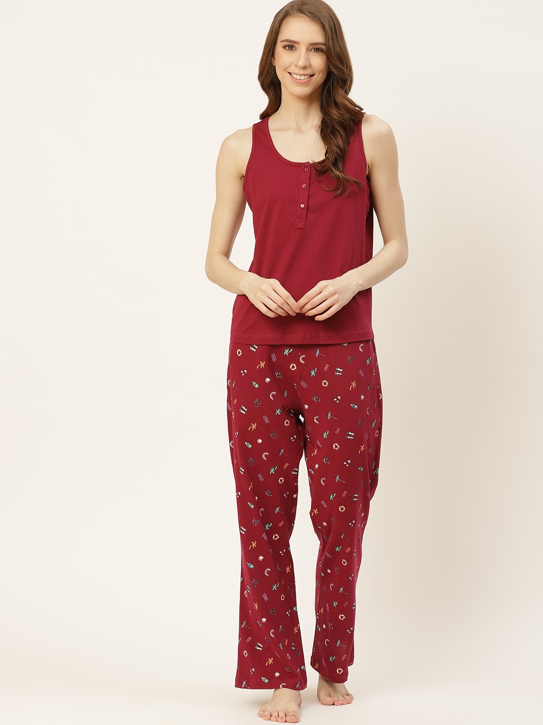 

DressBerry Women Maroon Printed Pure Cotton Night Suit
