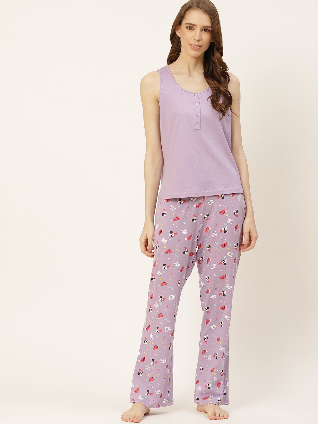 

DressBerry Women Lavender & Red Printed Pure Cotton Night Suit