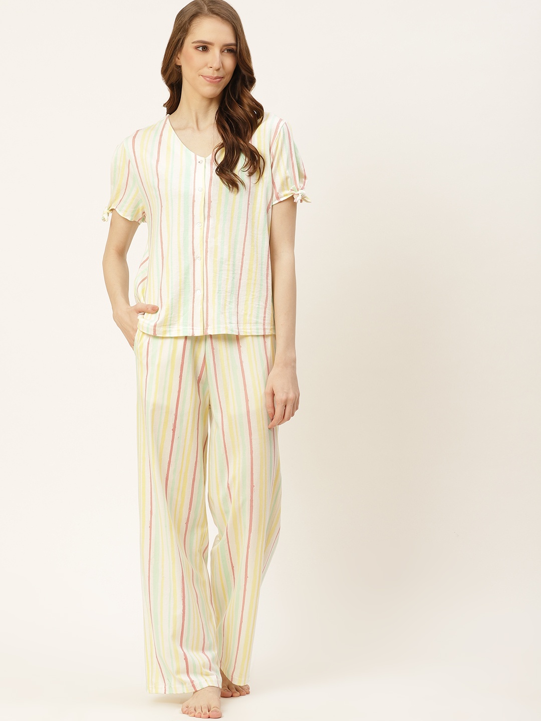 

DressBerry Women Cream Coloured & Pink Striped Pure Cotton Night suit