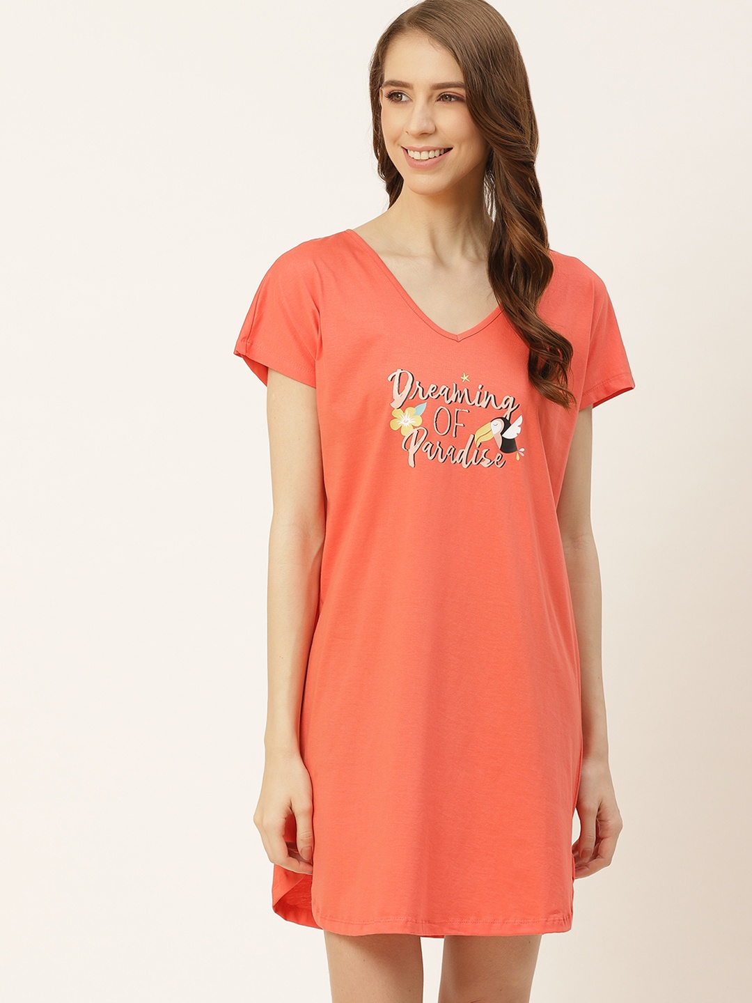 

DressBerry Women Coral Orange Printed Pure Cotton Knitted Nightdress