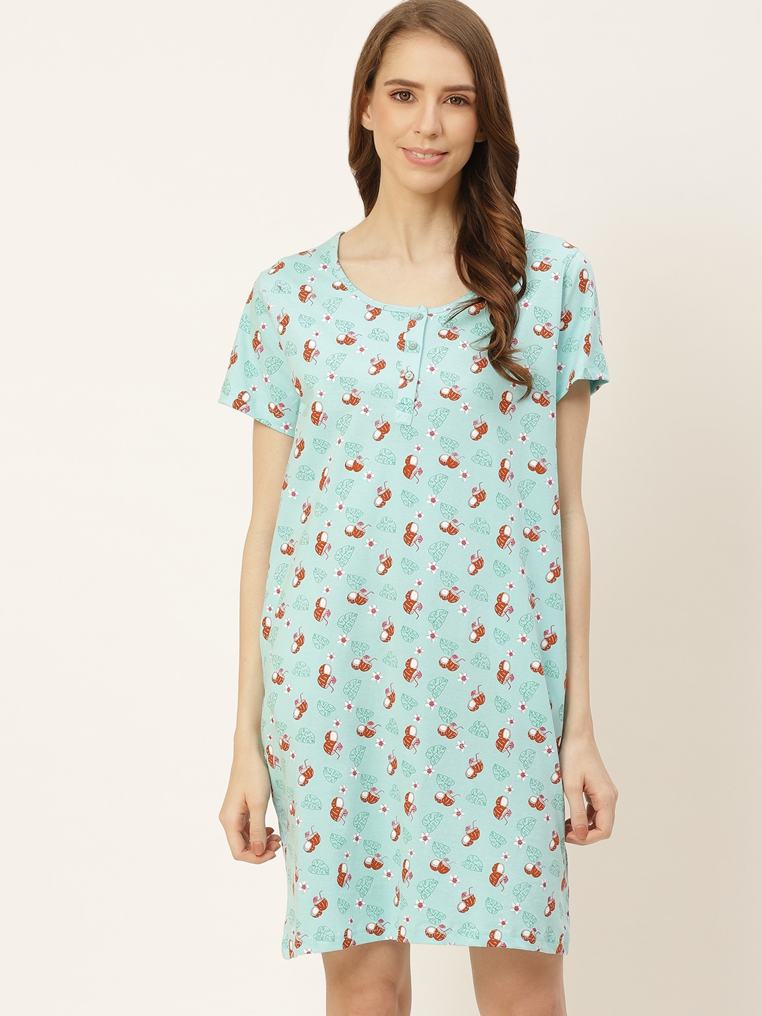 

DressBerry Women Blue & Red Printed Pure Cotton Knitted Nightdress