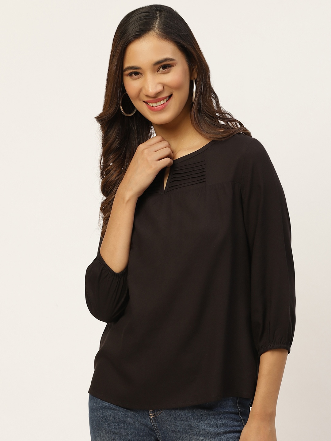 

DressBerry Black Keyhole Neck Solid Puff Sleeve Regular Top