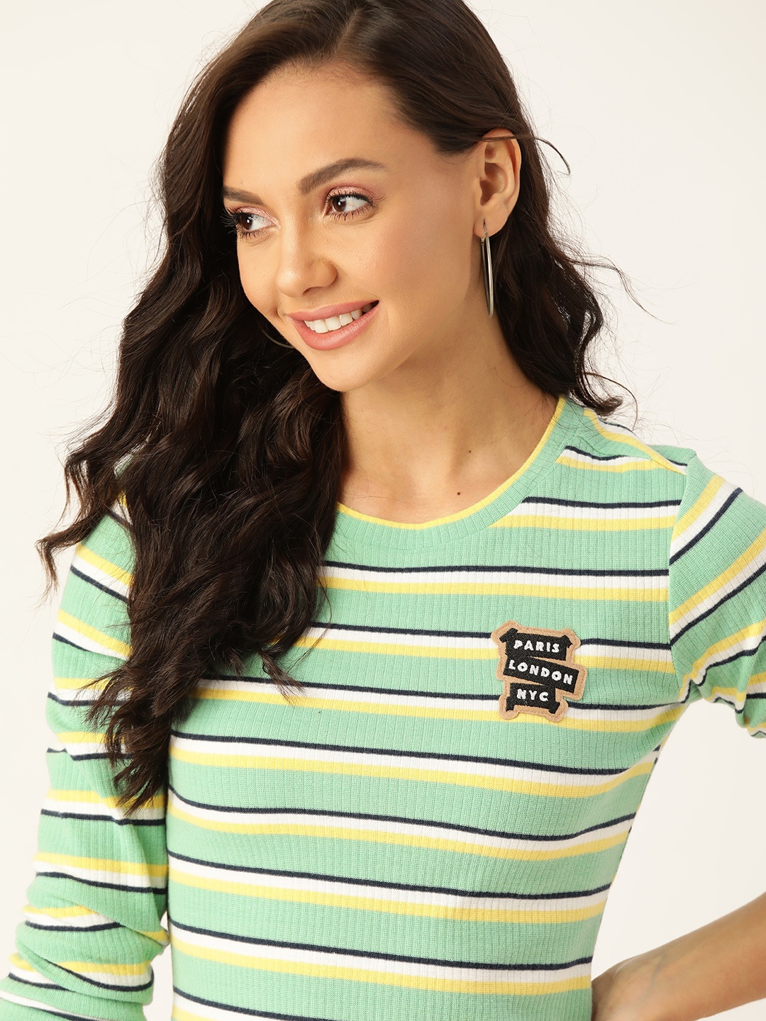 

DressBerry Women Mint Green & Yellow Striped Applique Ribbed Top