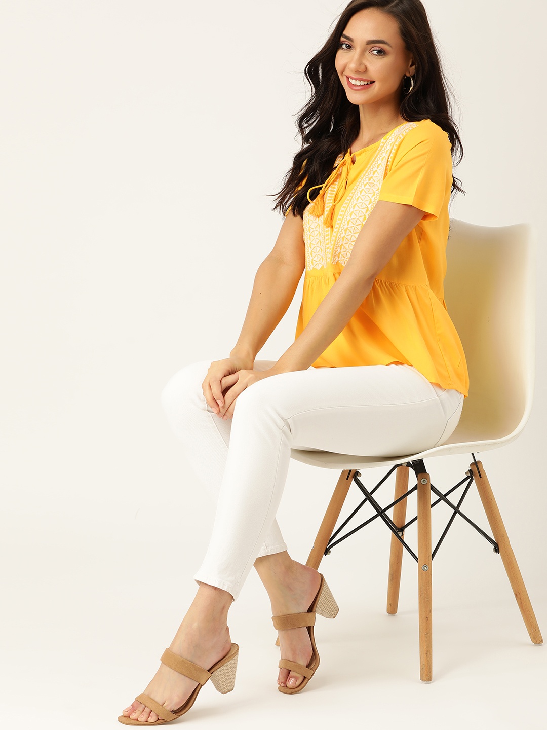 

DressBerry Yellow & White Geometric Embroidered Tie-Up A-Line EcoVero Sustainable Top
