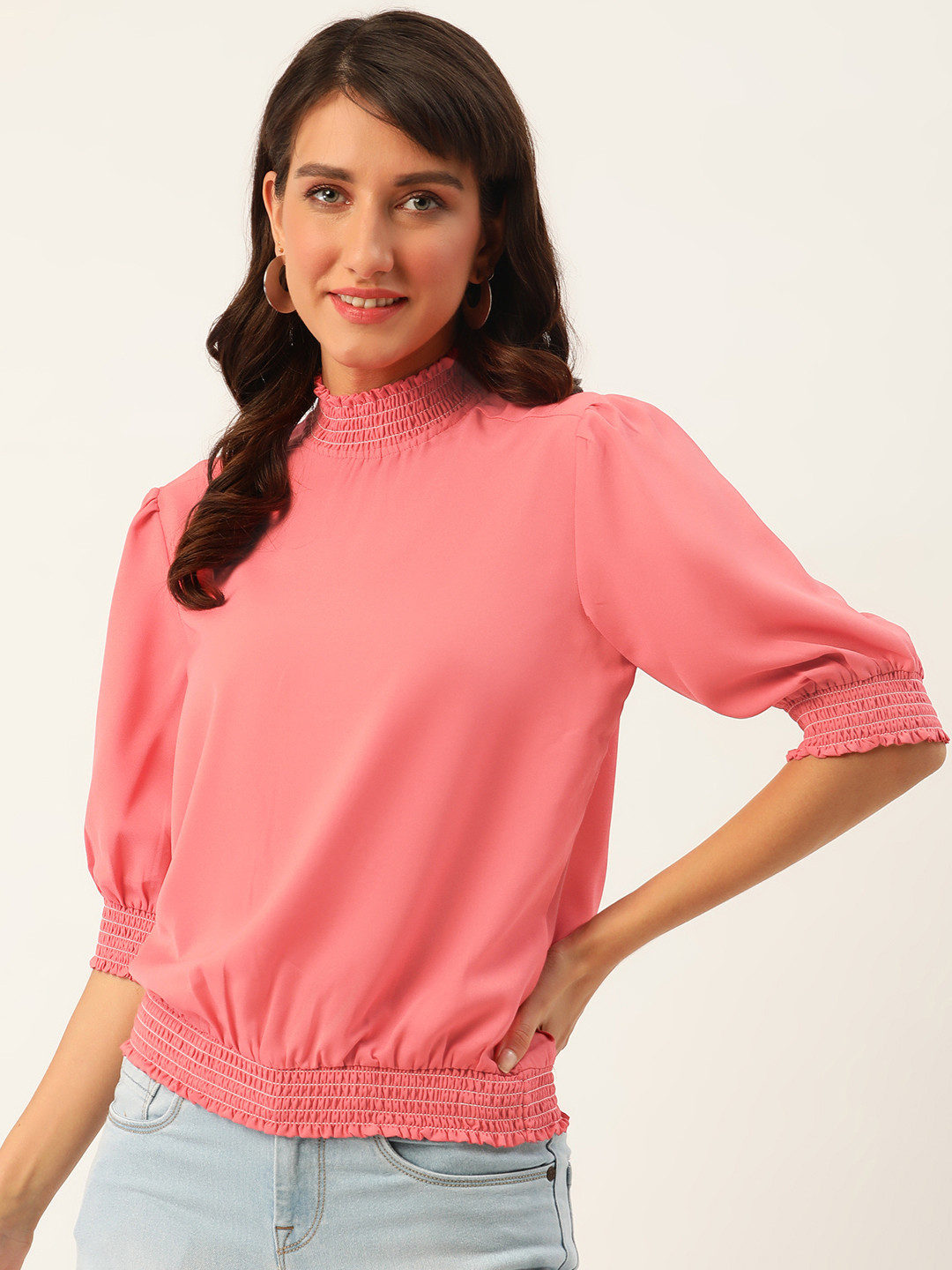 

DressBerry Puff Sleeve Smocked Blouson Top, Pink