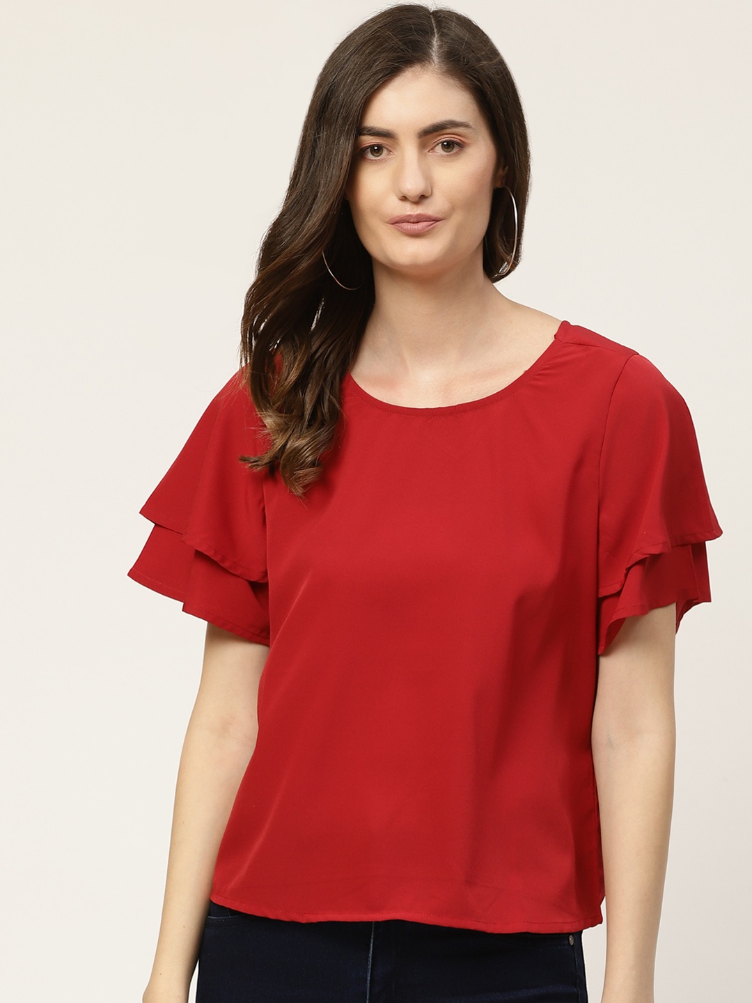 

DressBerry Red Solid Flared Sleeves Regular Top with Tie-ups at Back