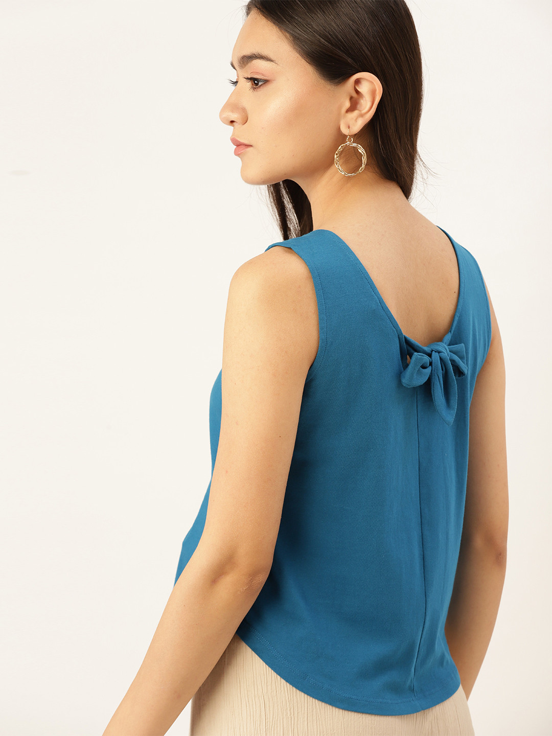 

DressBerry Women Teal Blue Solid Pure Cotton Styled Back Top